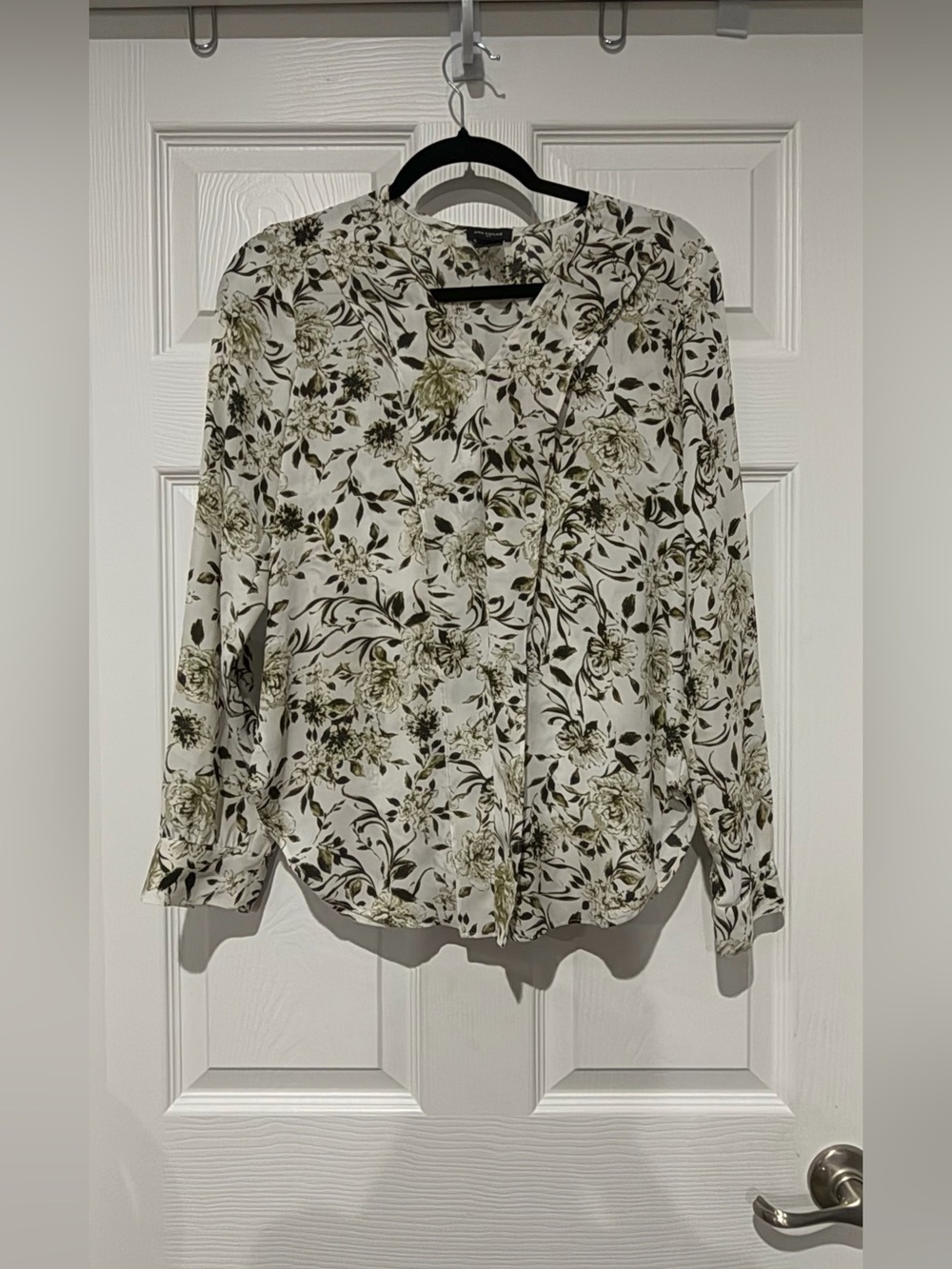 Ann Taylor White Button-Down Blouse with Olive Floral Print